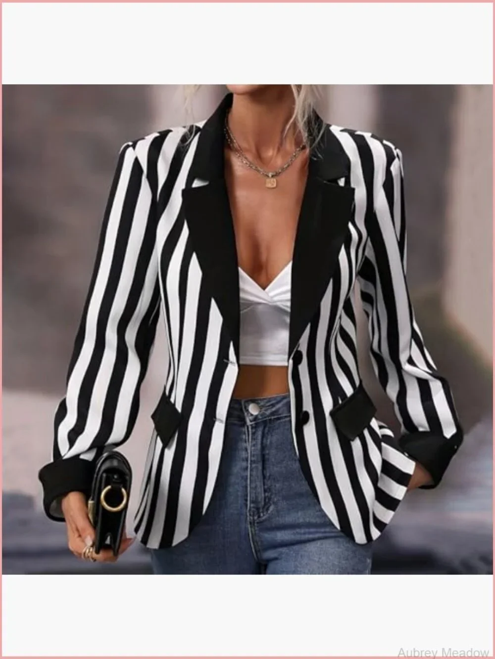 Striped Button Front Blazer Long Sleeve Notched Lapel Office Jacket